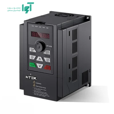 نمای سه‌رخ اینورتر مشکی هایتک F300 با کیپد نصب‌شده روی بدنه؛ تصویر معرفی مدل F300-2R2G-2