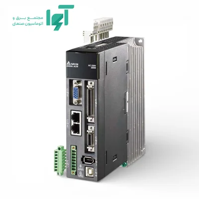 نمای مجاور سروو درایو دلتا 1 کیلووات مدل ASD-A2R-1021-M با بدنه، نمایشگر و ترمینال‌های اتصال مربوط به سیستم کنترل سروو