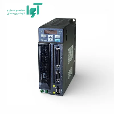 نمای مجاور سروو درایو دلتا 200 وات مدل ASD-B2-0221-B با بدنه، نمایشگر و ترمینال‌های اتصال مربوط به سیستم کنترل سروو