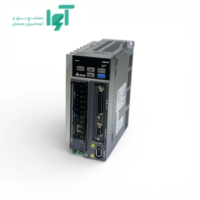 نمای مجاور سروو درایو دلتا 750 وات مدل ASD-B2-0721-B با بدنه، نمایشگر و ترمینال‌های اتصال مربوط به سیستم کنترل سروو