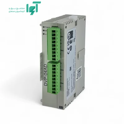 نمای روبه‌روی مایل DVP04AD-S2 دلتا با نوشته مدل و ترمینال‌های ورودی