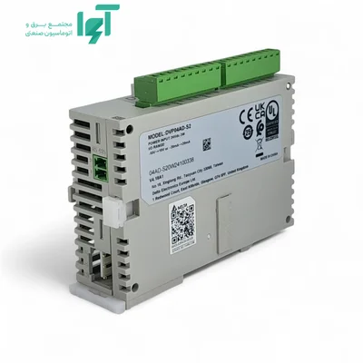 نمای پشت DVP04AD-S2 دلتا با پلاک مشخصات، QR و ترمینال سبز بالایی