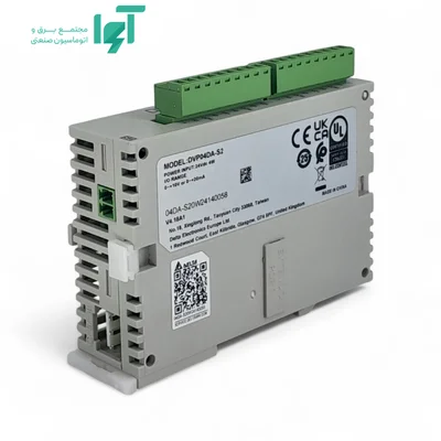 نمای پشت ماژول دلتا DVP04DA-S2 با پلاک شناسایی، QR و ترمینال بالایی