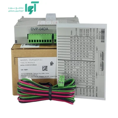 ماژول DVP04DA-S2 دلتا کنار کابل رنگی، قطعه اتصال، برگه چاپی و جعبه