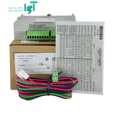 ماژول DVP04PT-S دلتا در کنار کابل رنگی، قطعه اتصال، برگه چاپی و جعبه