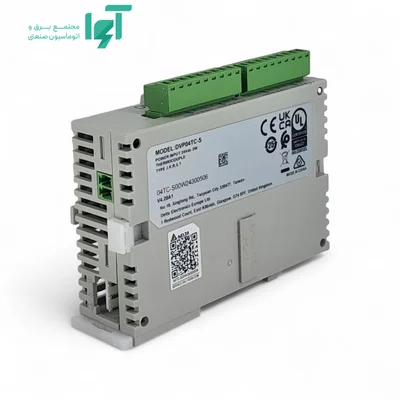 نمای پشت DVP04TC-S دلتا با پلاک مشخصات، کد QR و ترمینال سبز بالایی