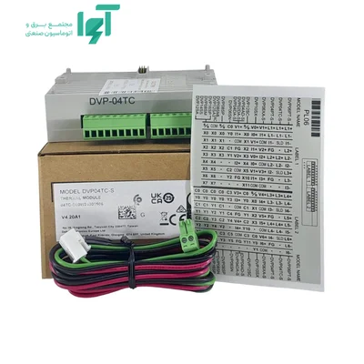 ماژول DVP04TC-S دلتا کنار کابل رنگی، قطعه اتصال، برگه چاپی و جعبه
