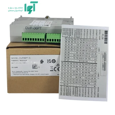 ماژول DVP06PT-S دلتا کنار جعبه و برگه چاپی محصول
