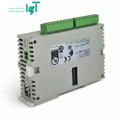 نمای پشت DVP06XA-S2 دلتا با پلاک مشخصات، QR و کانکتور سبز بالایی