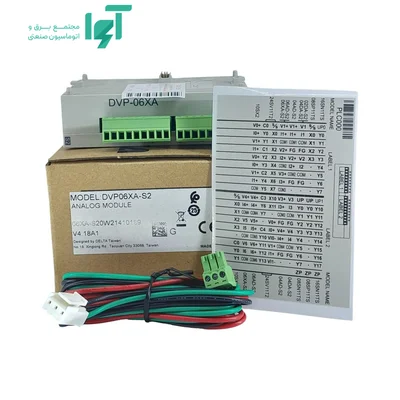 ماژول DVP06XA-S2 دلتا کنار کابل رنگی، جعبه