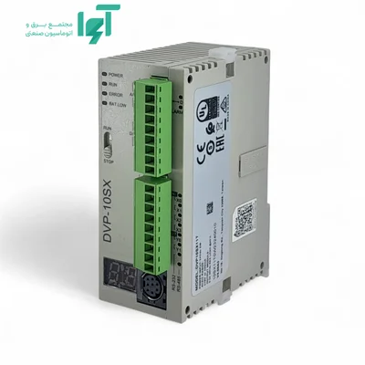 PLC ترانزیستوری دلتا DVP10SX11T از زاویه راست و ترمینال‌های جلویی