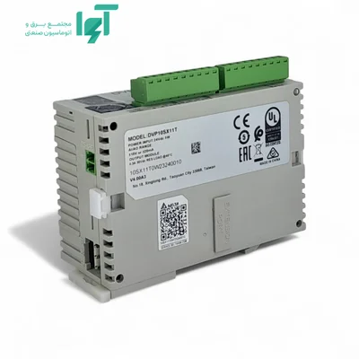نمای پشت DVP10SX11T با برچسب مشخصات و ترمینال‌های سبز بالای دستگاه