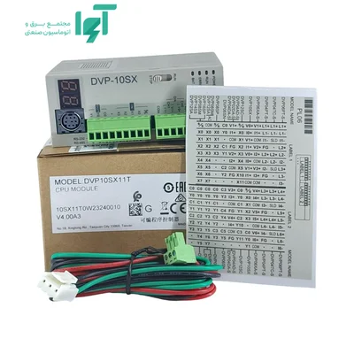 PLC DVP10SX11T کنار جعبه، نقشه سیم‌بندی، کابل و کانکتور