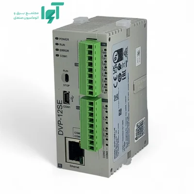 نمای زاویه‌دار DVP12SE11R با درگاه شبکه و دو ردیف ترمینال سبز