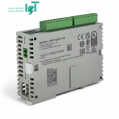 نمای پشت DVP14SS211R با برچسب مدل و کانکتورهای سبز بالای بدنه