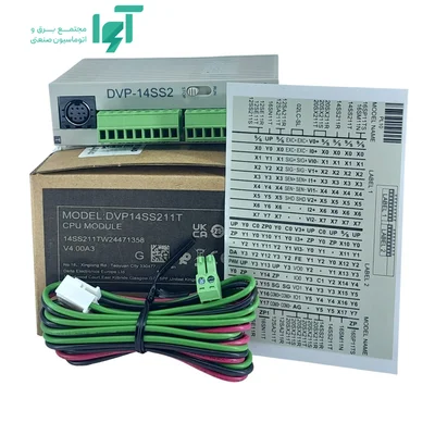 PLC DVP14SS211T همراه جعبه، برگه سیم‌بندی، کابل و کانکتورها