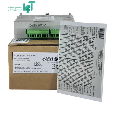 ماژول DVP16SM11N در کنار جعبه و برگه سیم‌بندی