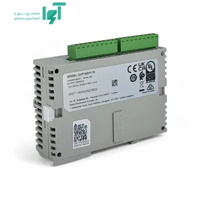 نمای جانبی ماژول رله‌ای DVP16SP11R با برچسب فنی روی بدنه