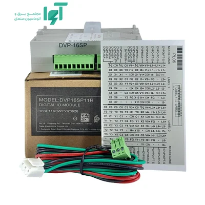 DVP16SP11R در کنار جعبه محصول، راهنمای سیم‌بندی و متعلقات بسته