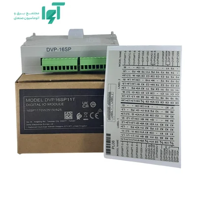 ماژول DVP16SP11T همراه جعبه، برگه مشخصات و کابل‌های داخل بسته