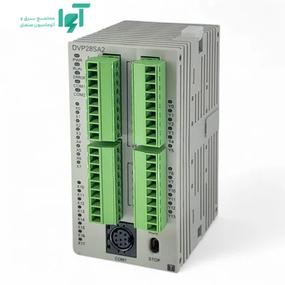 نمای نزدیک‌تر از سمت جلوی PLC DVP28SA211T دلتا و چیدمان ترمینال‌های ورودی و خروجی