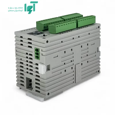 نمای پشت و بالای DVP28SA211T با قاب خاکستری، کانکتورهای سبز بالایی و شیارهای تهویه