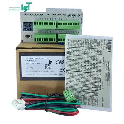 PLC DVP28SA211T همراه جعبه، برگه راهنما، کابل‌ها و کانکتورها
