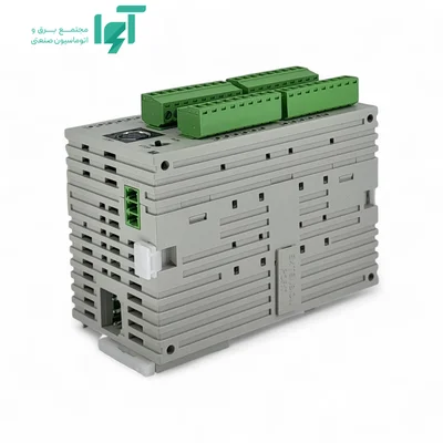 نمای پشت و بالای DVP28SS211T با کانکتورهای سبز و شیارهای خنک‌کاری بدنه