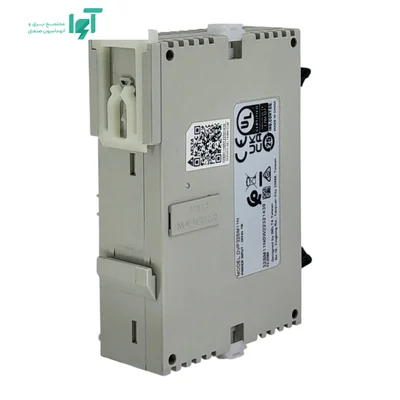 نمای پشت DVP32SM11N با برچسب مشخصات و مکانیزم نصب روی ریل DIN