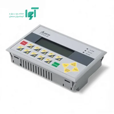 نمای مجاور HMI دلتا 3 اینچ TP04G-AS2 با نمایشگر کشیده، کلیدهای زرد و سفید و بدنه خاکستری دارای شیارهای جانبی