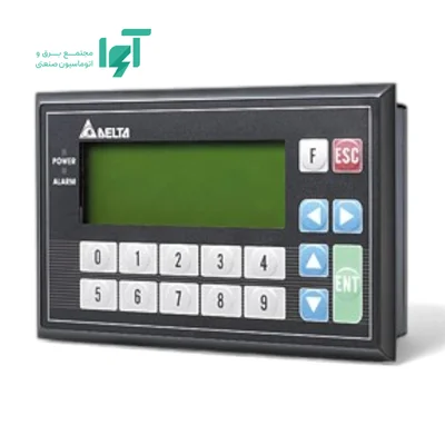 نمای مقابل HMI دلتا 4.1 اینچ TP04P-32TP1R با LCD سبز، صفحه‌کلید عددی سفید، کلیدهای پیمایش آبی و کلید Enter سبز روی قاب مشکی